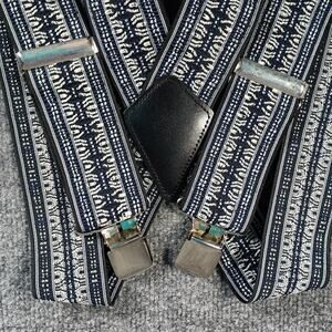Wide 2 Inch Suspenders Men Blue Patterned Geometric